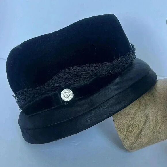 Vintage Cloche Hat Velvet Satin & Net Lace Trim w/Rhinestone - Picture 6 of 13